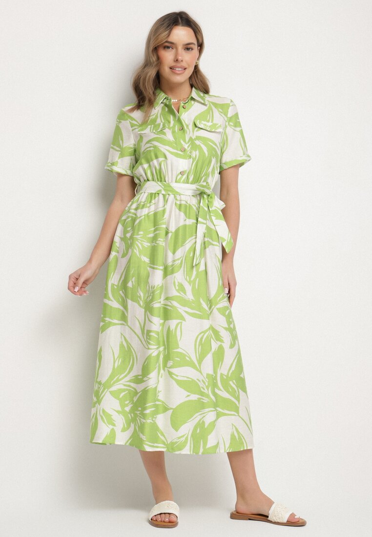 Rochie verde din viscoză cu croială tip cămașă cu cordon legat Uloanna