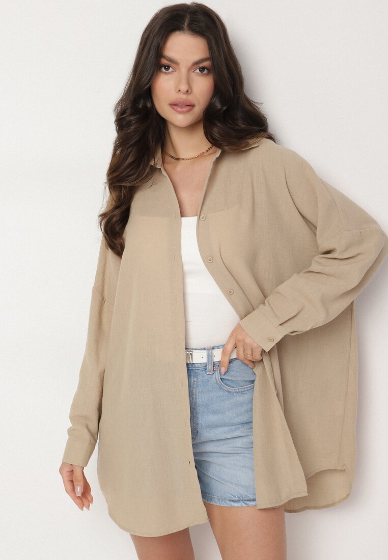 Cămașă Bej Clasică Oversize Maronira