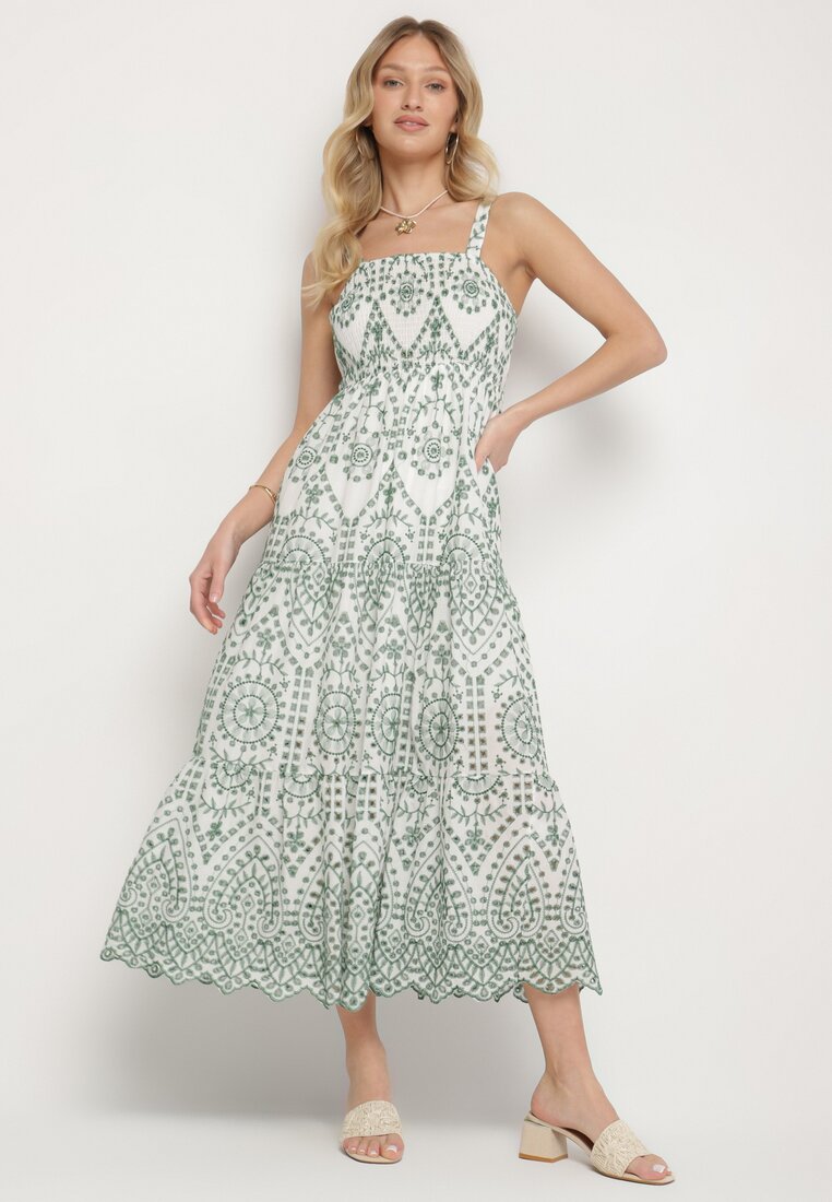 Rochie din bumbac verde-albă decorată cu broderie Sadonique