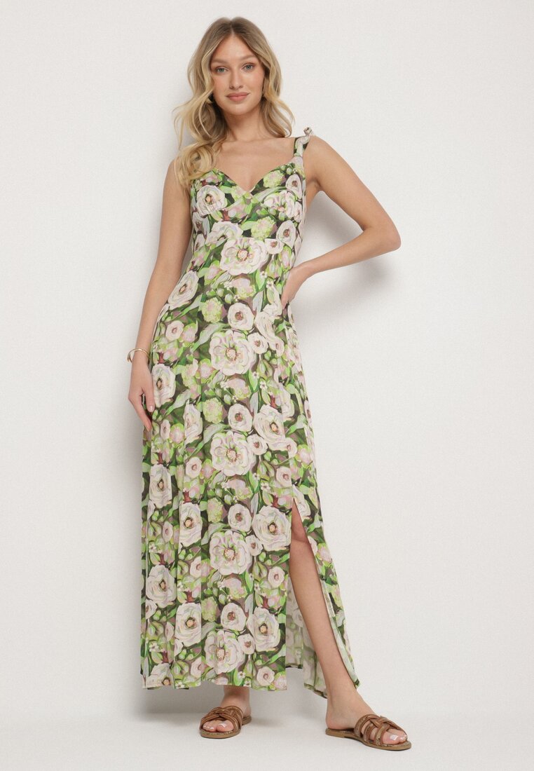 Rochie Verde Evazată din Viscoză cu Model Floral Redeelle