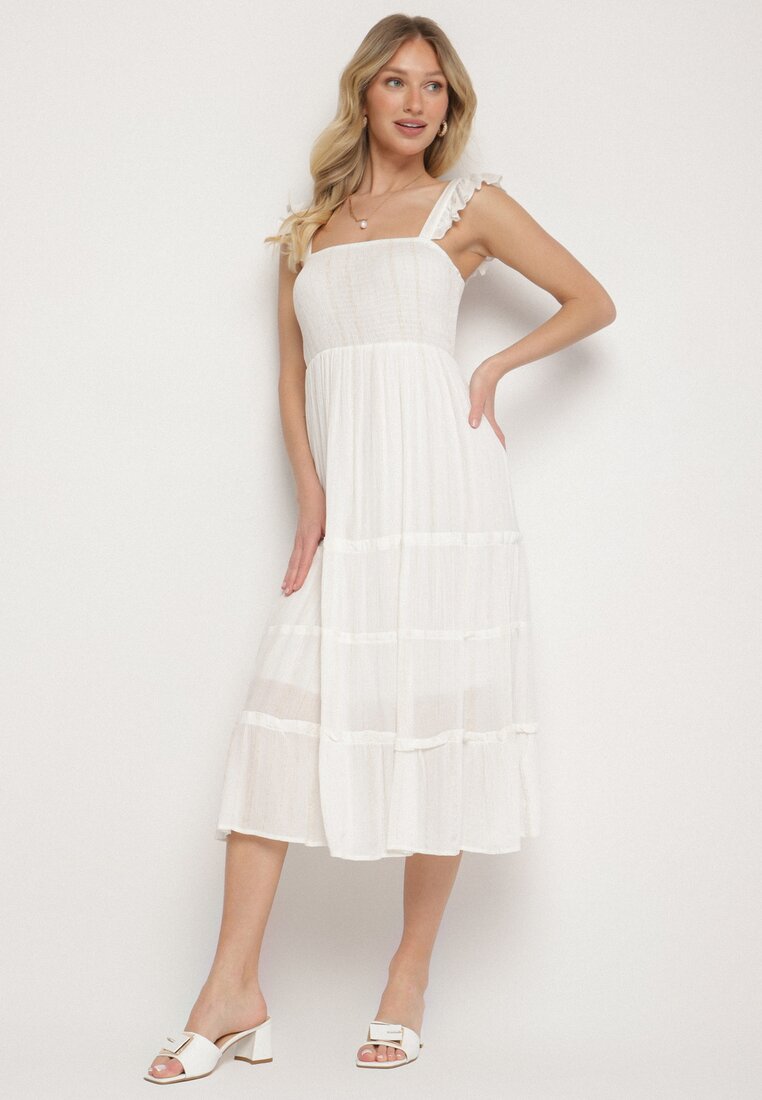 Rochie Albă Din Viscoză cu Bretele Decorată cu Fir Metalic Iffrisse