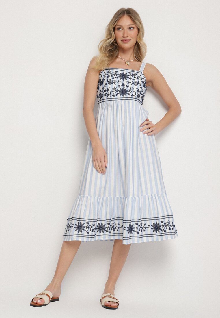 Rochie Albastră din bumbac Decorată cu broderie Redale