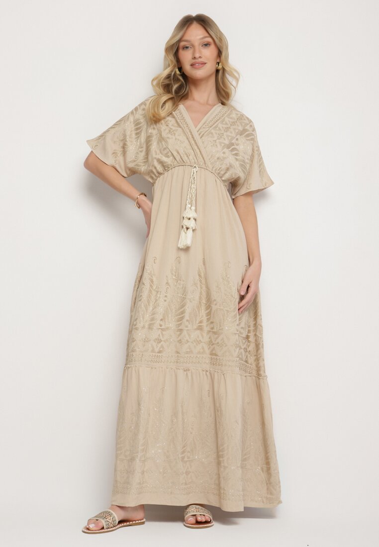 Rochie Bej tip plic din viscoză cu franjuri