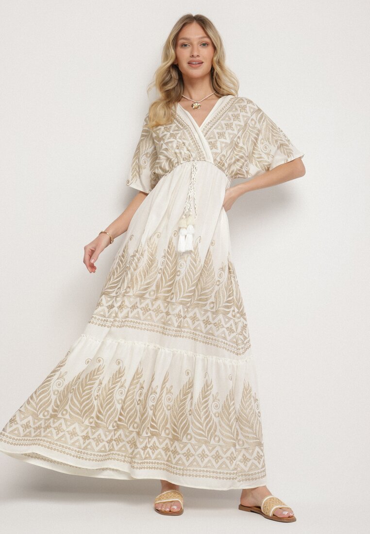 Rochie Albă Petrecută din Viscoză Decorată cu Franjuri