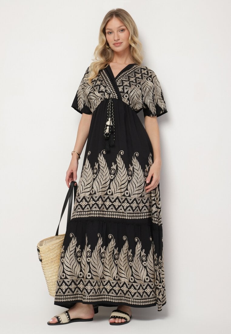 Rochie Neagră Petrecută din Viscoză Decorată cu Franjuri Redare