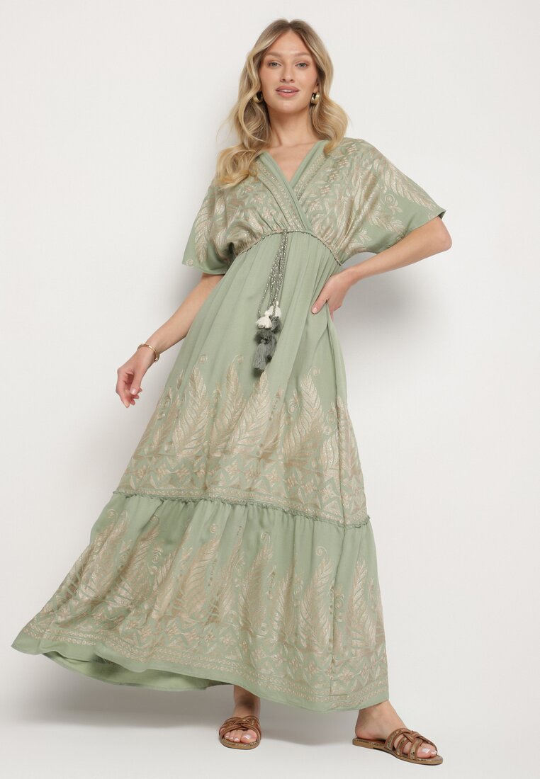 Rochie Verde Petrecută din Viscoză Decorată cu Franjuri