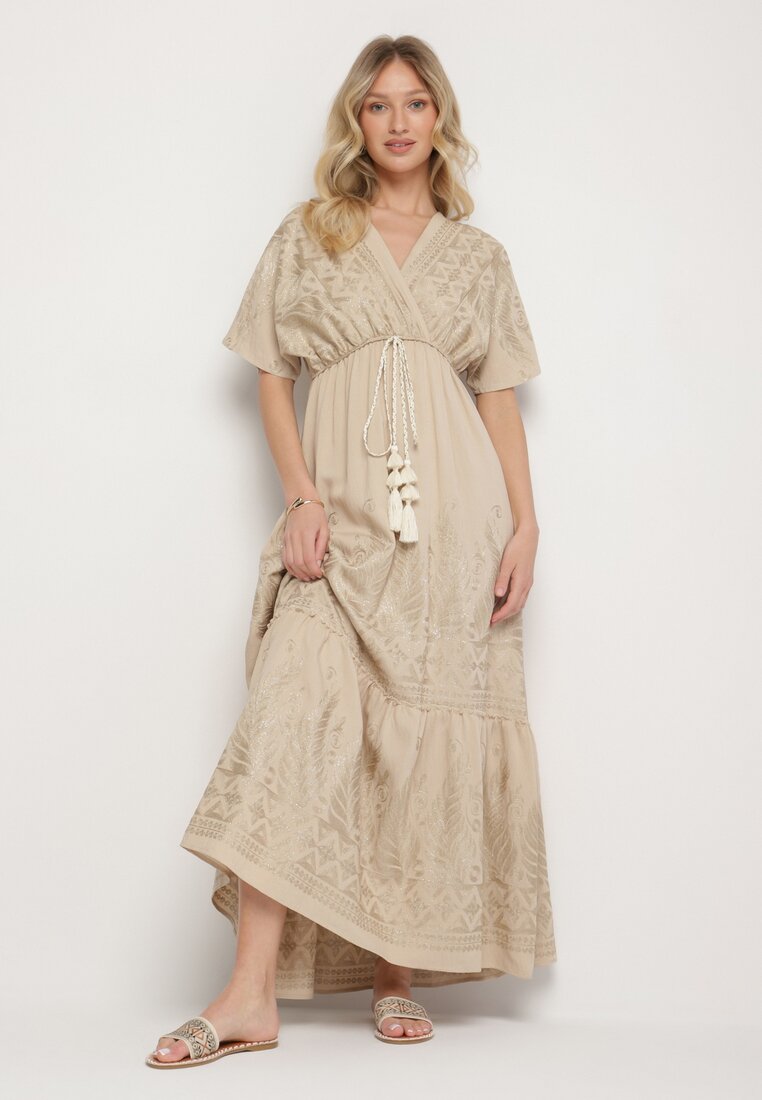 Rochie Plic Bej din Viscoză Decorată cu Franjuri și Broderie Metalică Redeirae