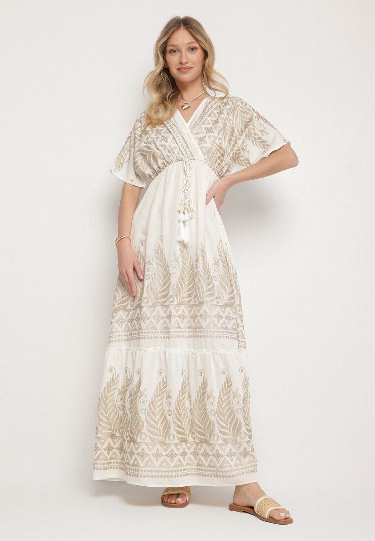 Rochie petrecută albă din viscoză decorată cu franjuri și broderie metalică Redeirae
