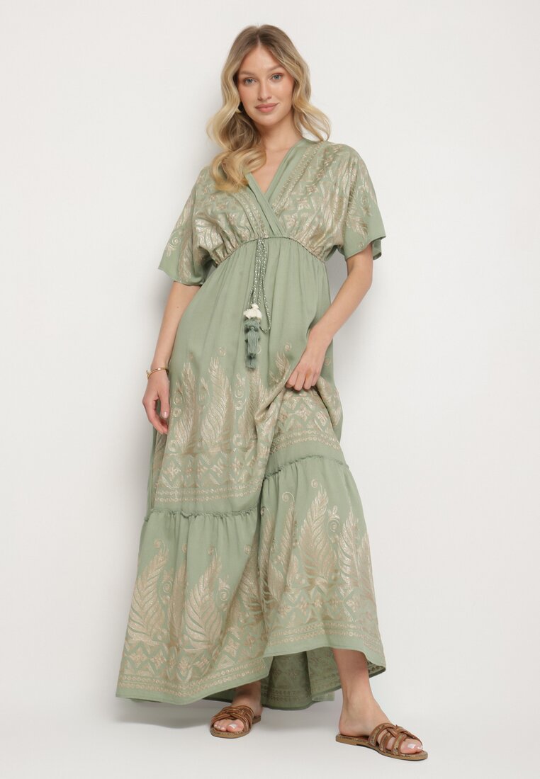 Rochie Kopertowa Verde din Viscoză Decorată cu Franjuri și Broderie Metalică Redeirae