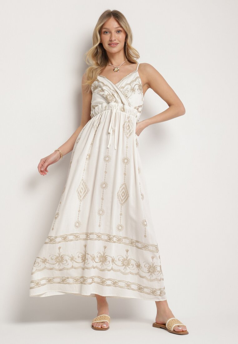 Rochie Cloș Albă cu bretele din viscoză Decorată cu broderie Ulonelitia