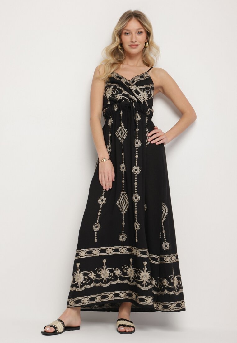 Rochie Neagră Evazată cu bretele din Viscoză Decorată cu Broderie Ulonelitia