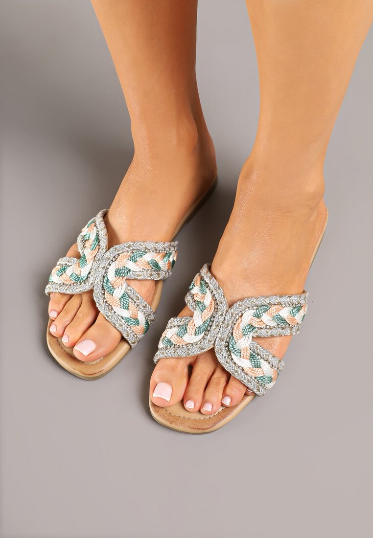 Papuci Verde-Bej cu Împletitură în Stil Boho Felmirella