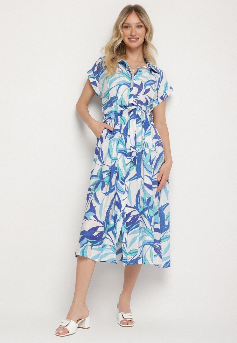 Rochie Vâscoză Albastră tip cămașă cu cordon legat Sadlenne