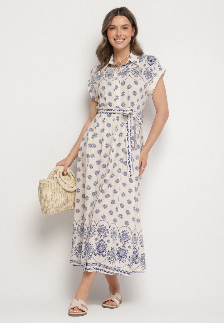 Rochie Bej-Albastră Tip Cămașă din Viscoză cu Imprimeu Floral cu Centură Legată Iffinara