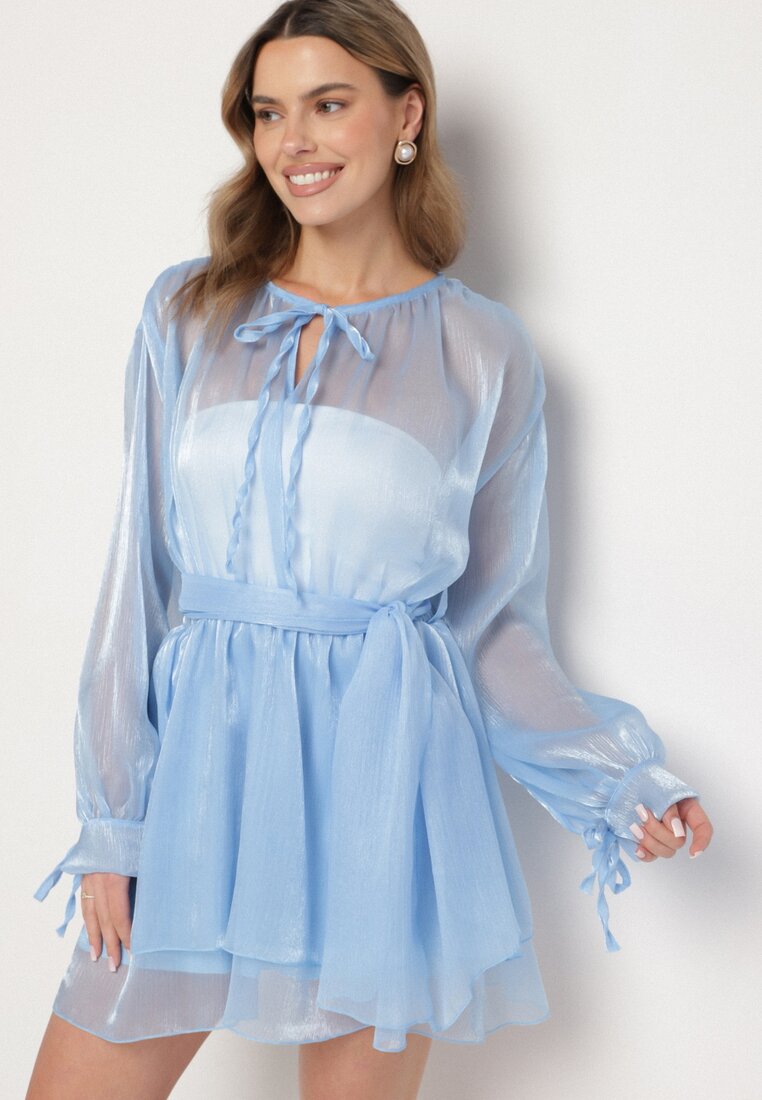 Rochie Albastră Decorată cu legătură și curea Nivoren