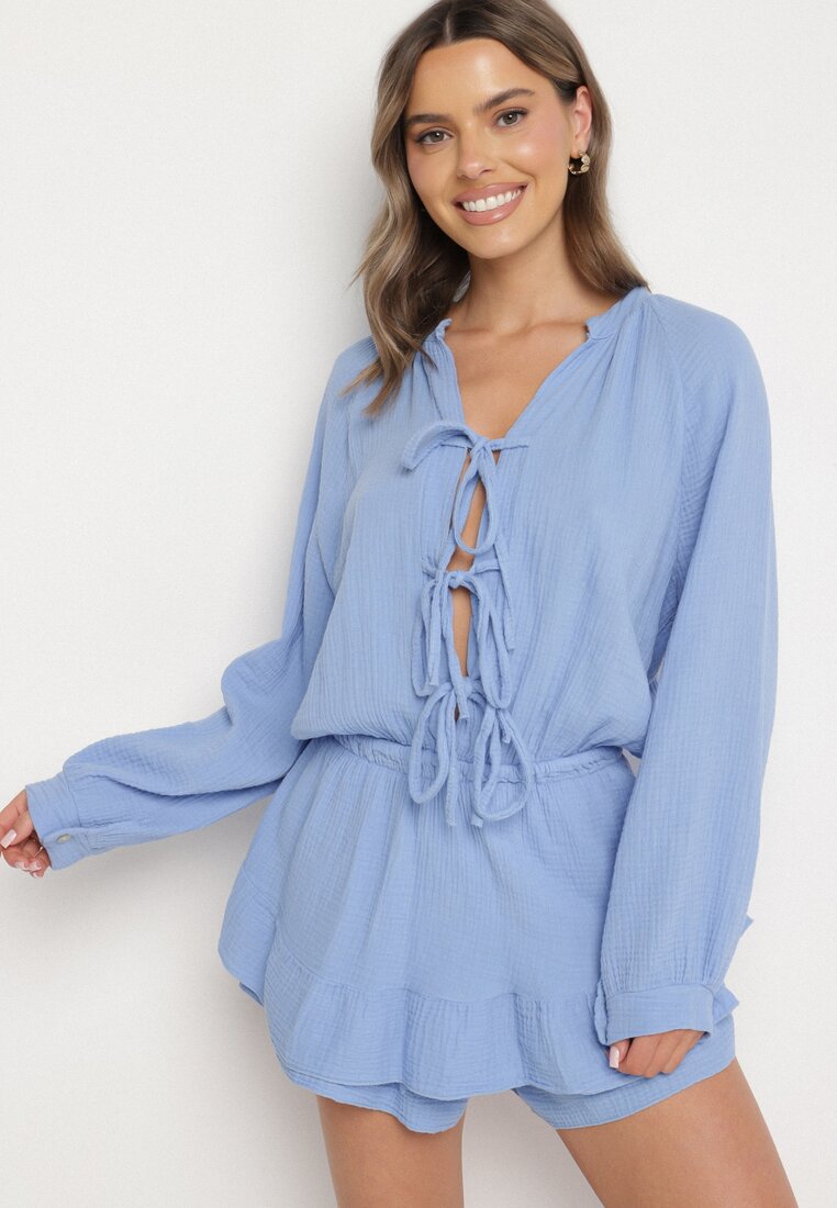 Salopetă Albastră Legată Din bumbac Boho cu Volănașe și Legătură Lalelia