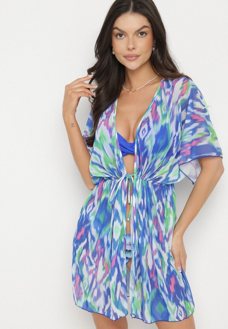 Kimono tip plasă albastru cu model abstract și legătură Revarella