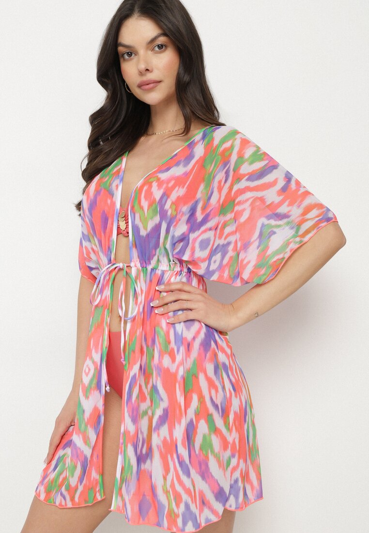 Kimono Portocaliu din plasă cu model abstract cu șnur Revarella