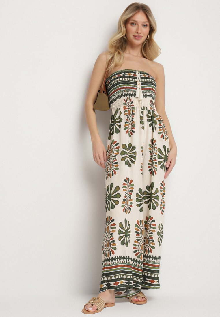 Salopetă Verde-Crem Fără Mâneci cu Picior Lat cu Model Ornamental Mirionia