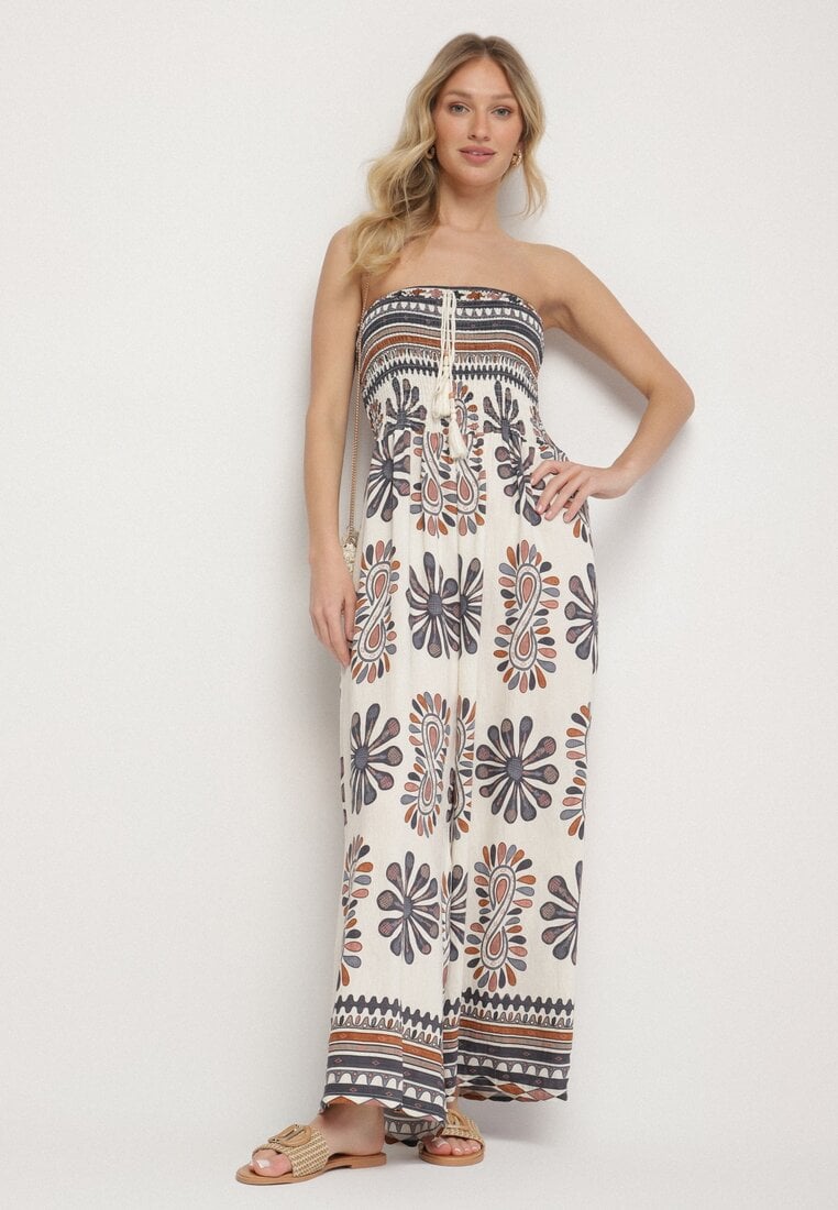 Salopetă bleumarin și crem fără mâneci cu picior lat cu imprimeu ornamental Mirionia