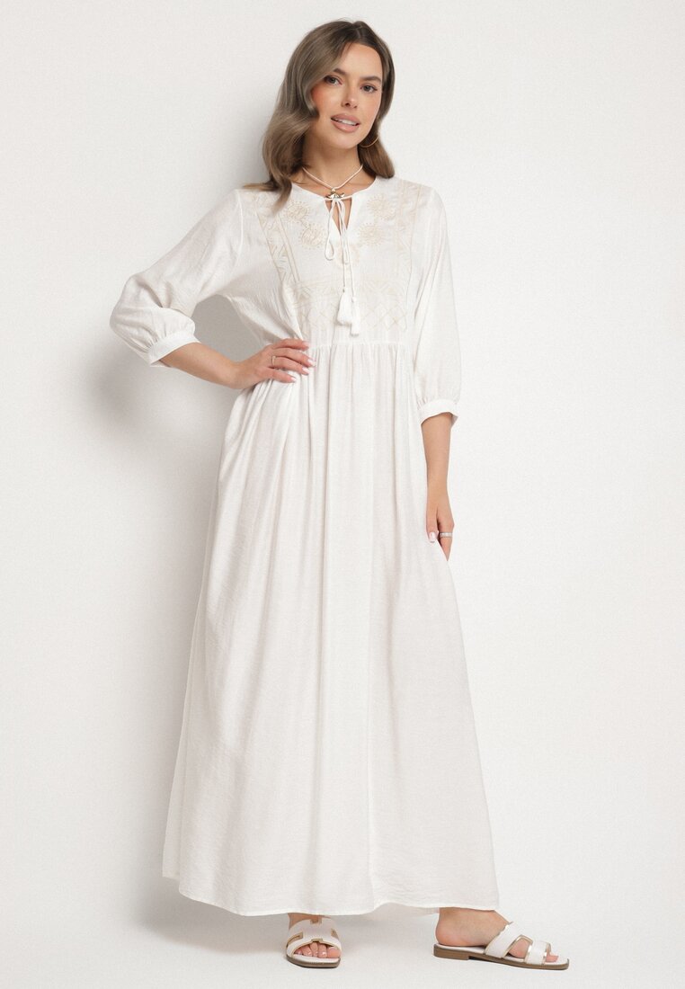 Rochie Albă Din viscoză cu Broderie Decorativă Galrisena