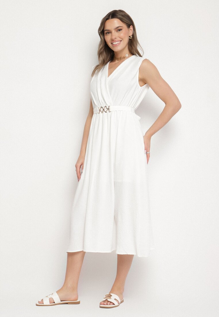 Rochie Albă Evazată Ornată cu o Curea cu Cataramă Tinilsa