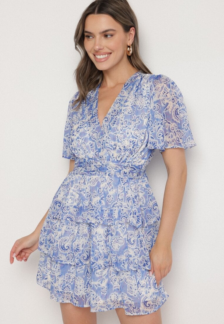 Rochie Albastră cu Volane și Model Abstract Rinasea