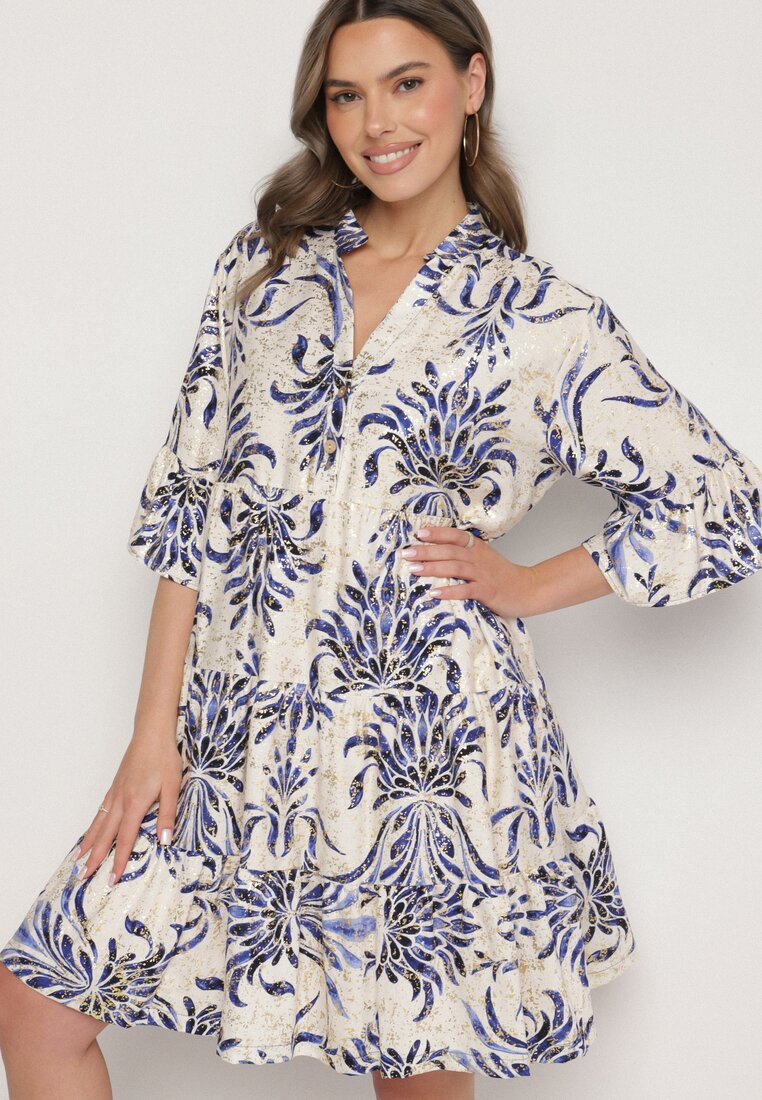 Rochie Cloș Albastră cu In cu Imprimeu Metalic Filasenia