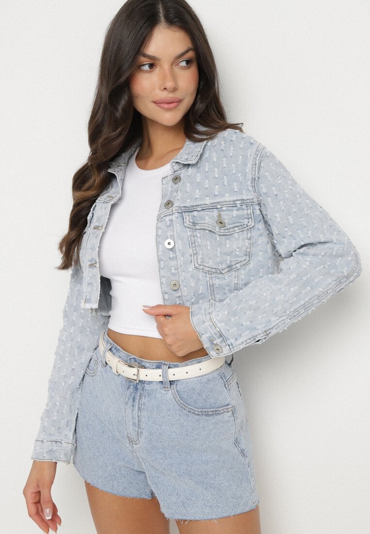 Geacă de blugi Albastru deschis cu croială scurtă Decorată cu rupturi Zaritia