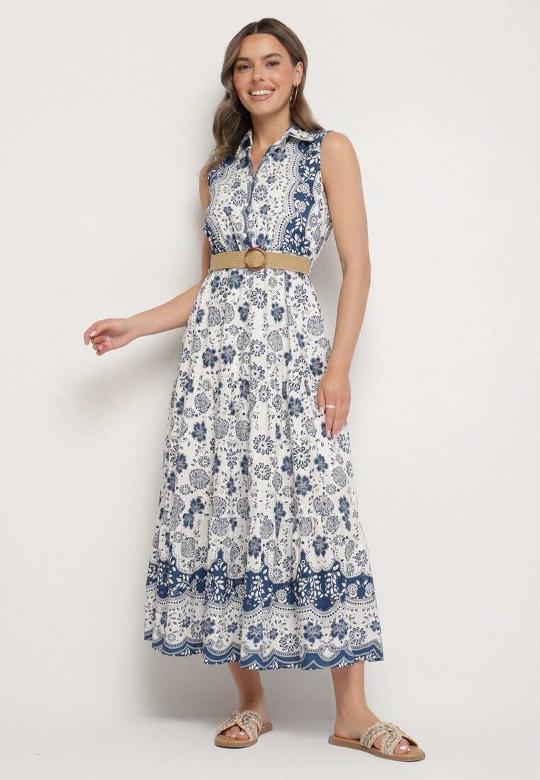 Rochie Albastră din Bumbac cu Croială de Cămașă Fără Mâneci cu Centură Mirulenia