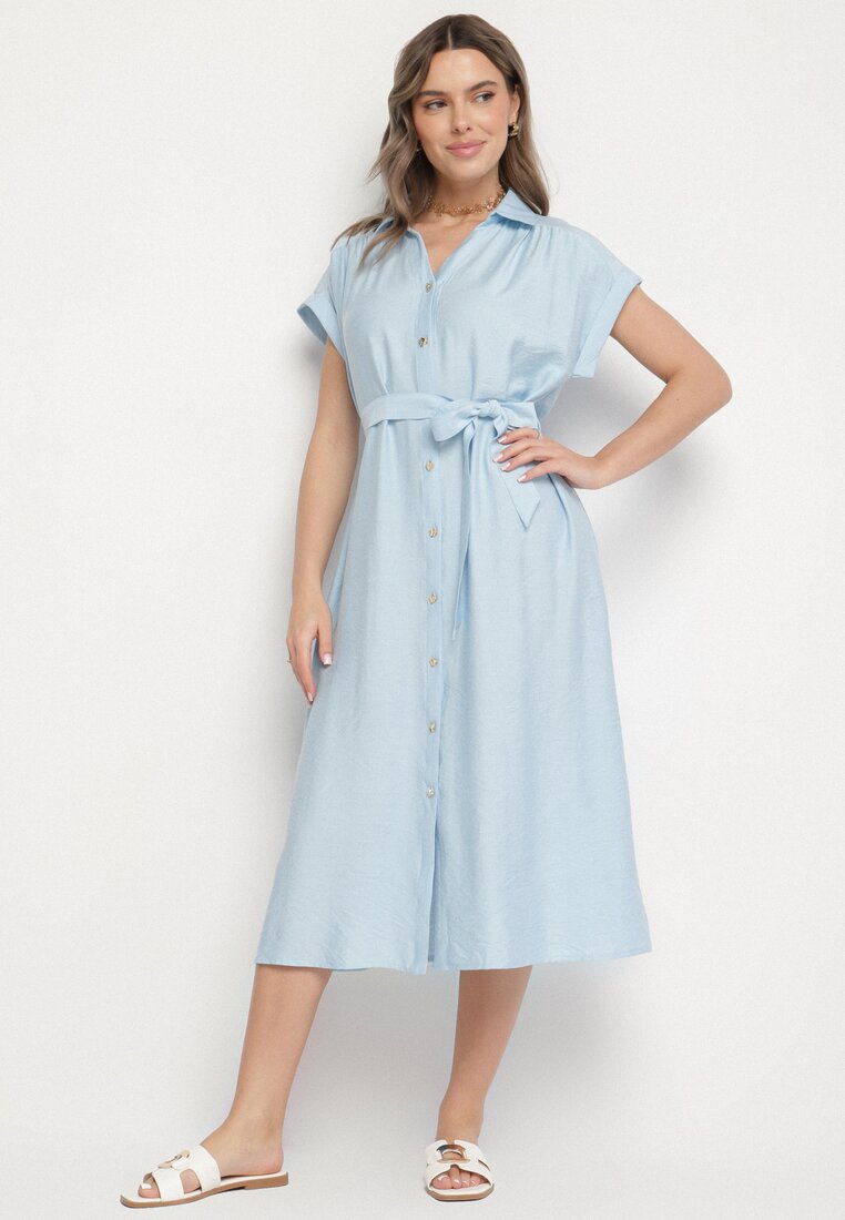 Rochie tip cămașă din viscoză albastră cu curea Rinaruna