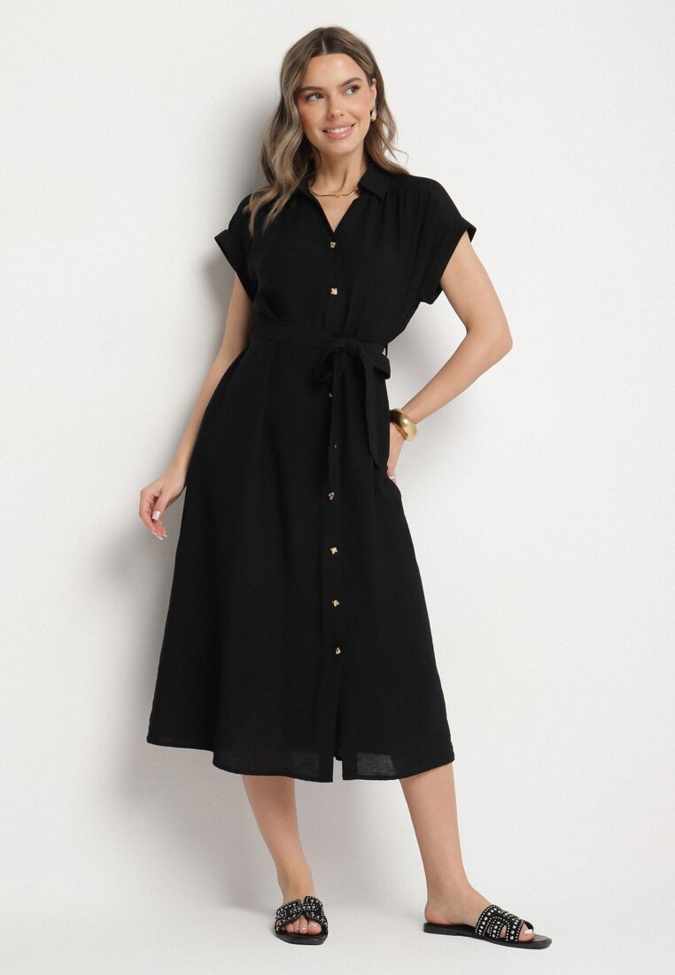 Rochie Neagră Din Viscoză Tip Cămașă Cu Curea Rinaruna