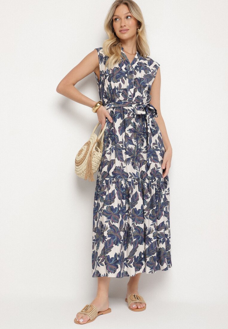 Rochie Cloș Albastră Fără Mâneci din Viscoză cu Centură Legată Reviosae