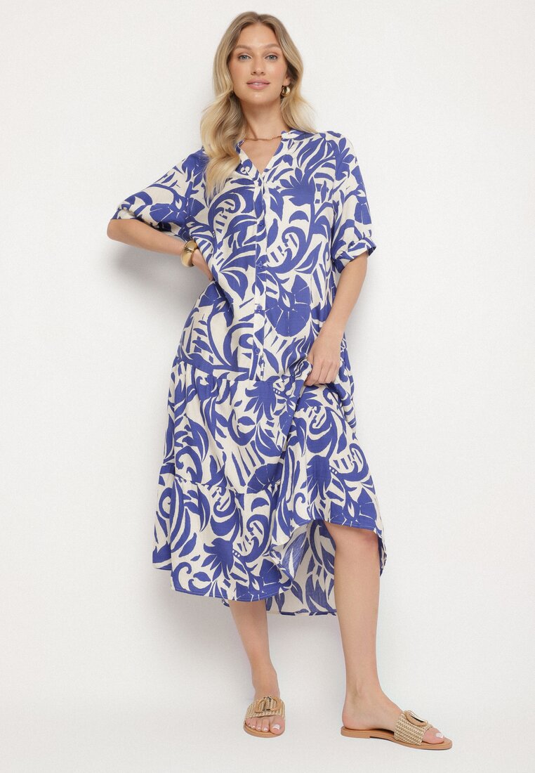 Rochie Albastră din Vâscoză Cloș cu Volan Filindania