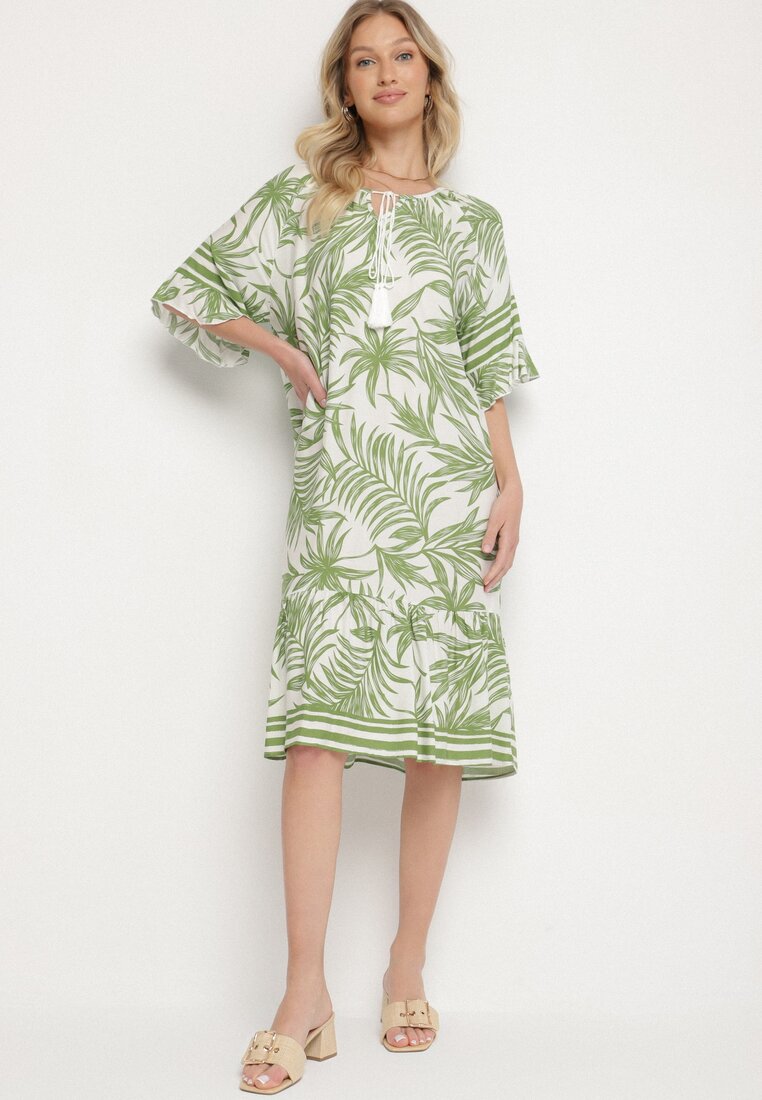 Rochie Verde cu croi tip cutie cu șnur la decolteu cu model vegetal Mirionela