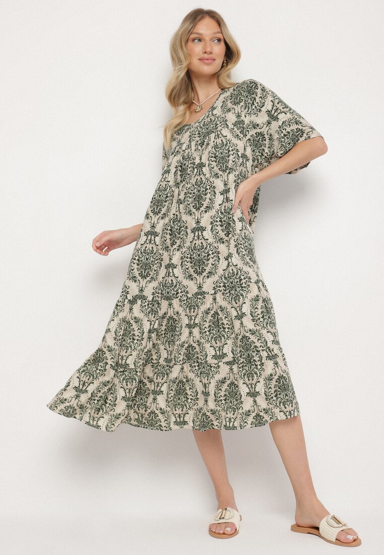 Rochie Verde închis din Bumbac cu Imprimeu Abstract Filindela