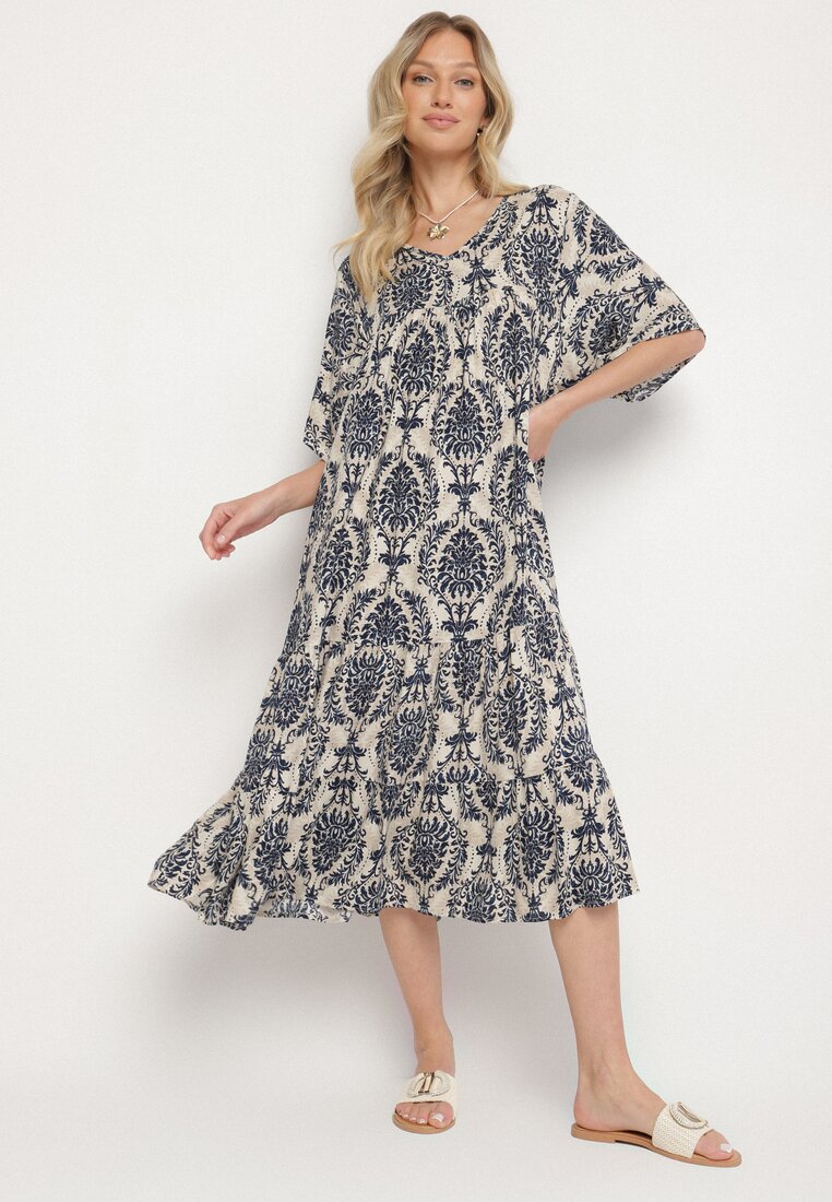 Rochie Albastră din Bumbac cu Model Abstract Filindela