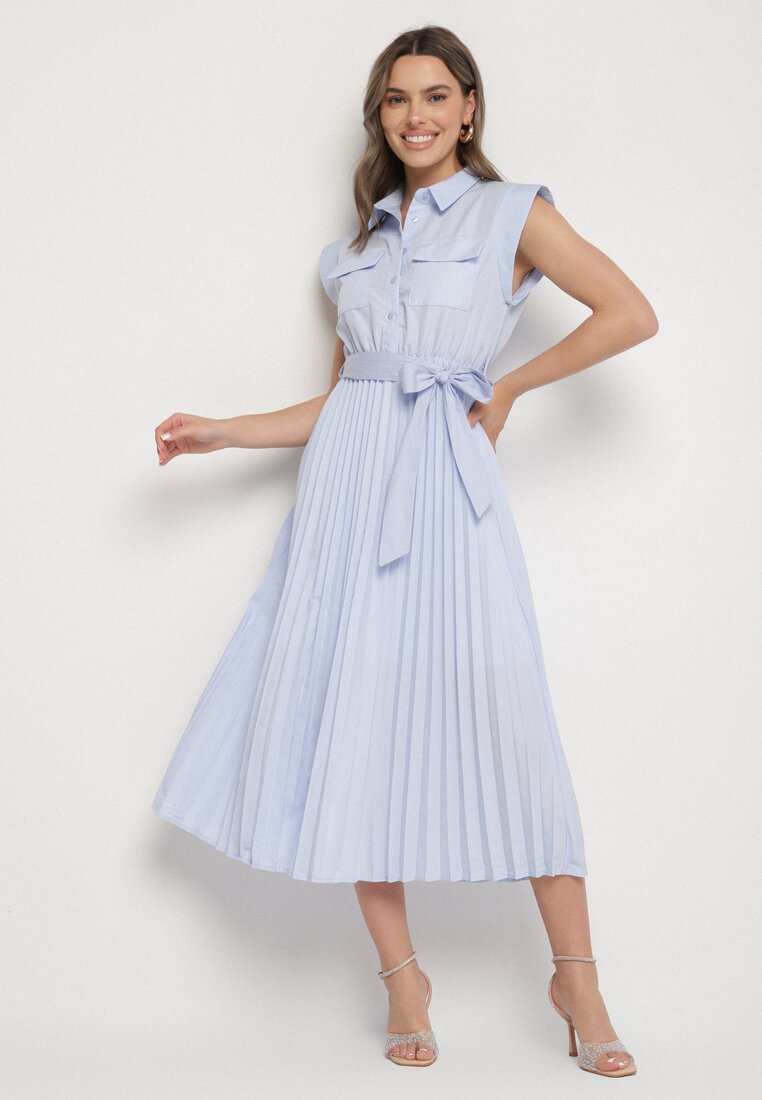 Rochie Plisată Albastru deschis cu Bumbac și Curea Lireviere