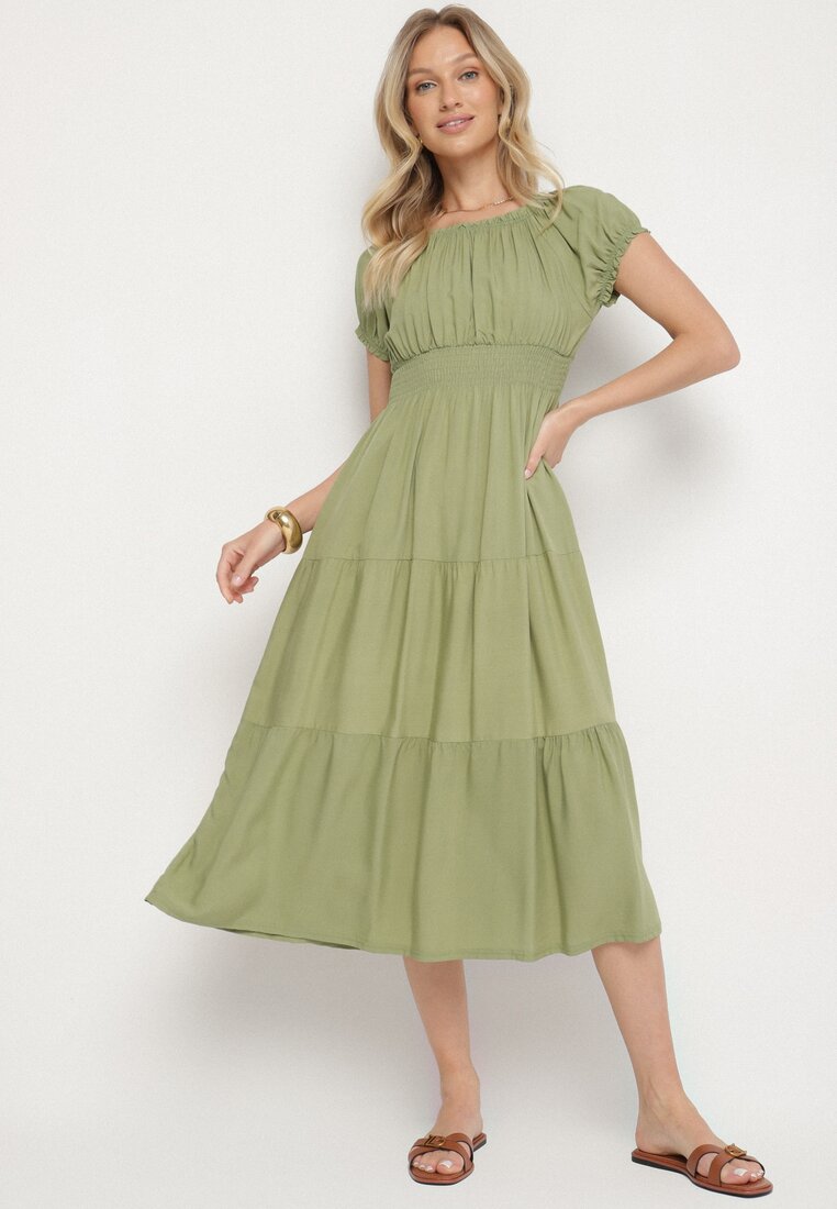 Rochie Verde închis cu croială evazată cu decolteu tip barcă Miranea