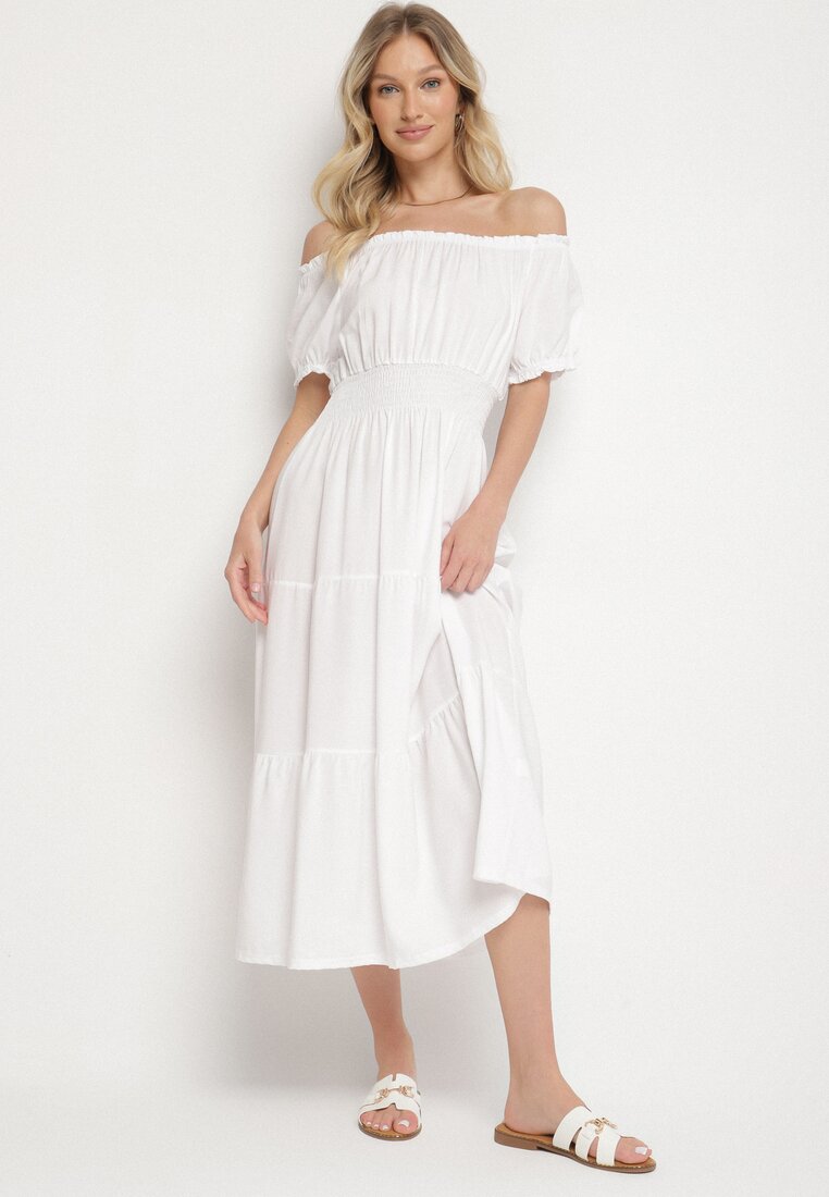 Rochie Albă cu croi evazat cu decolteu barcă Miranea