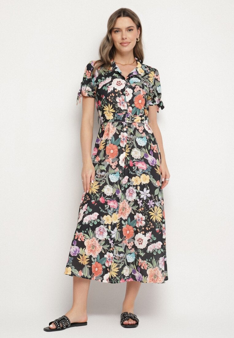 Rochie Cloș Neagră cu croi de cămașă cu curea cu imprimeu floral Fevelorine