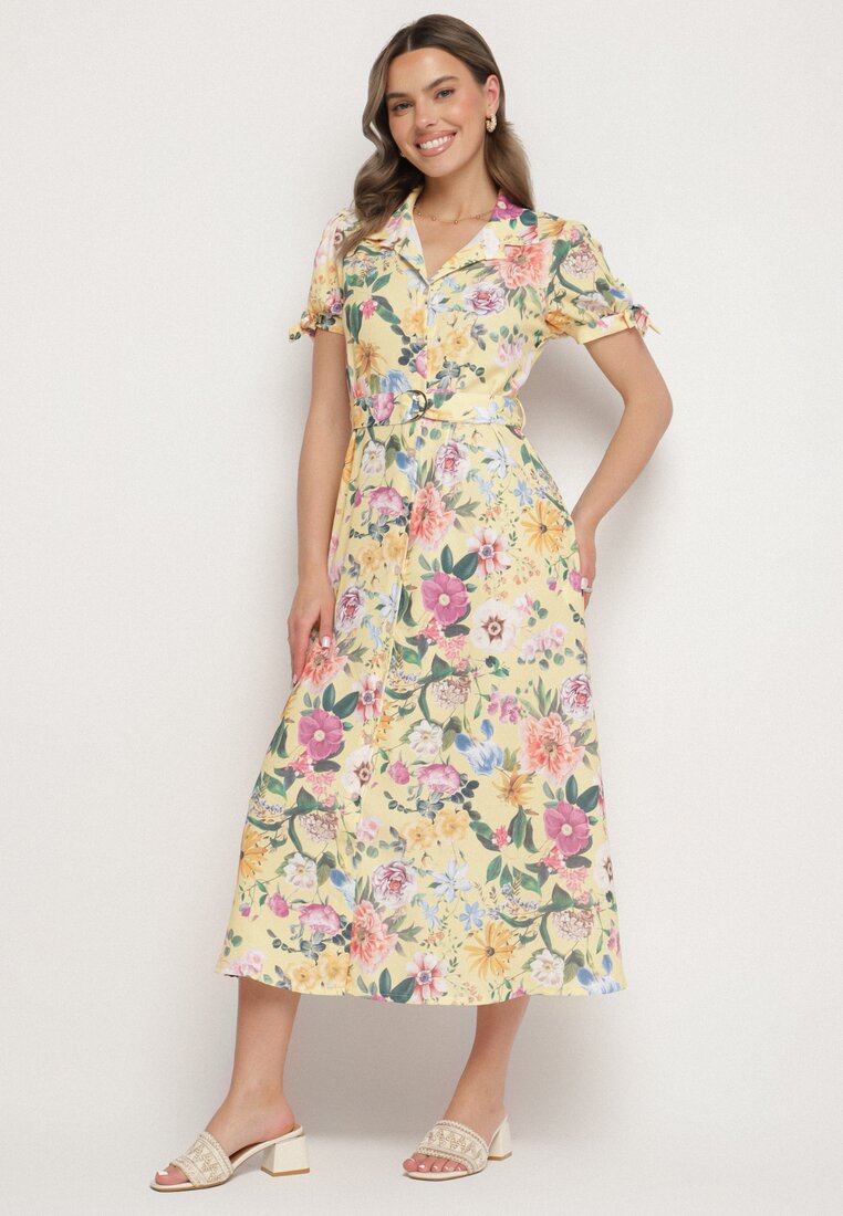 Rochie Galbenă Evazată tip Cămașă cu curea cu imprimeu floral Fevelorine