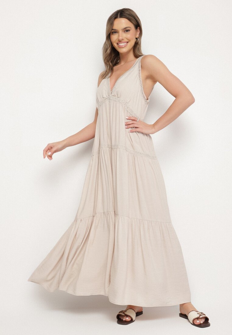 Rochie Bej cu Viscoză și Model Croșetat Meviellea