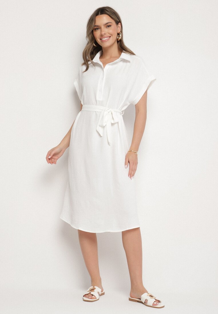 Rochie Albă din Bumbac și cu o curea decorativă Savanire