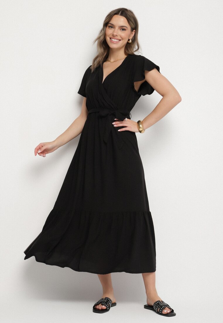 Rochie Neagră din Viscoză cu Decolteu Petrecut cu Curea Savorlisse