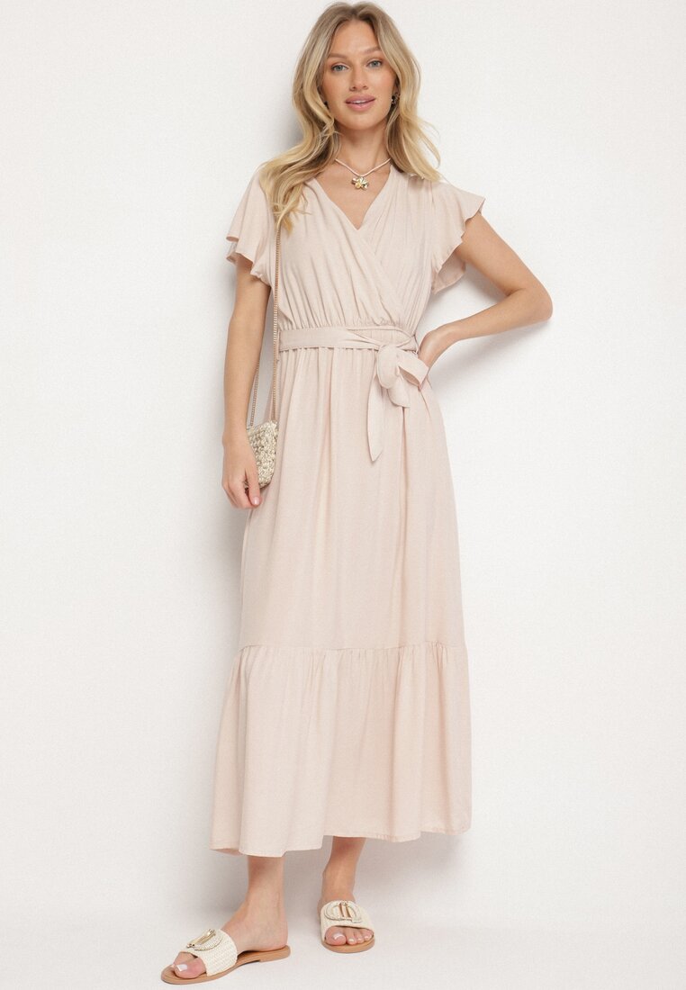 Rochie bej vâscoză cu decolteu petrecut cu curea Savorlisse