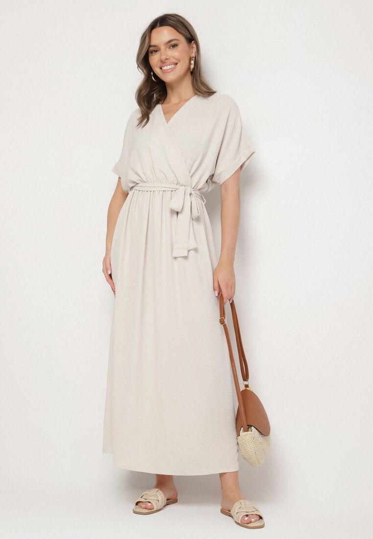 Rochie bej cu bumbac și curea decorativă Lunistra