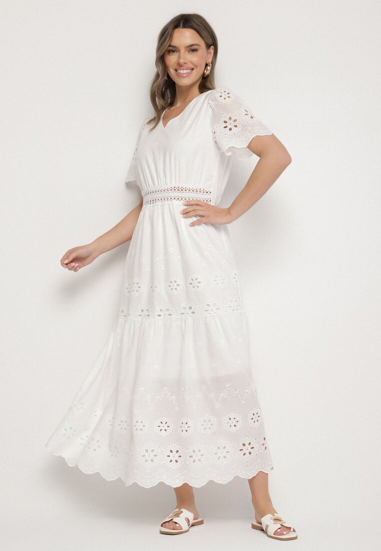 Rochie din bumbac albă Boho cu croială evazată brodată Efrissea