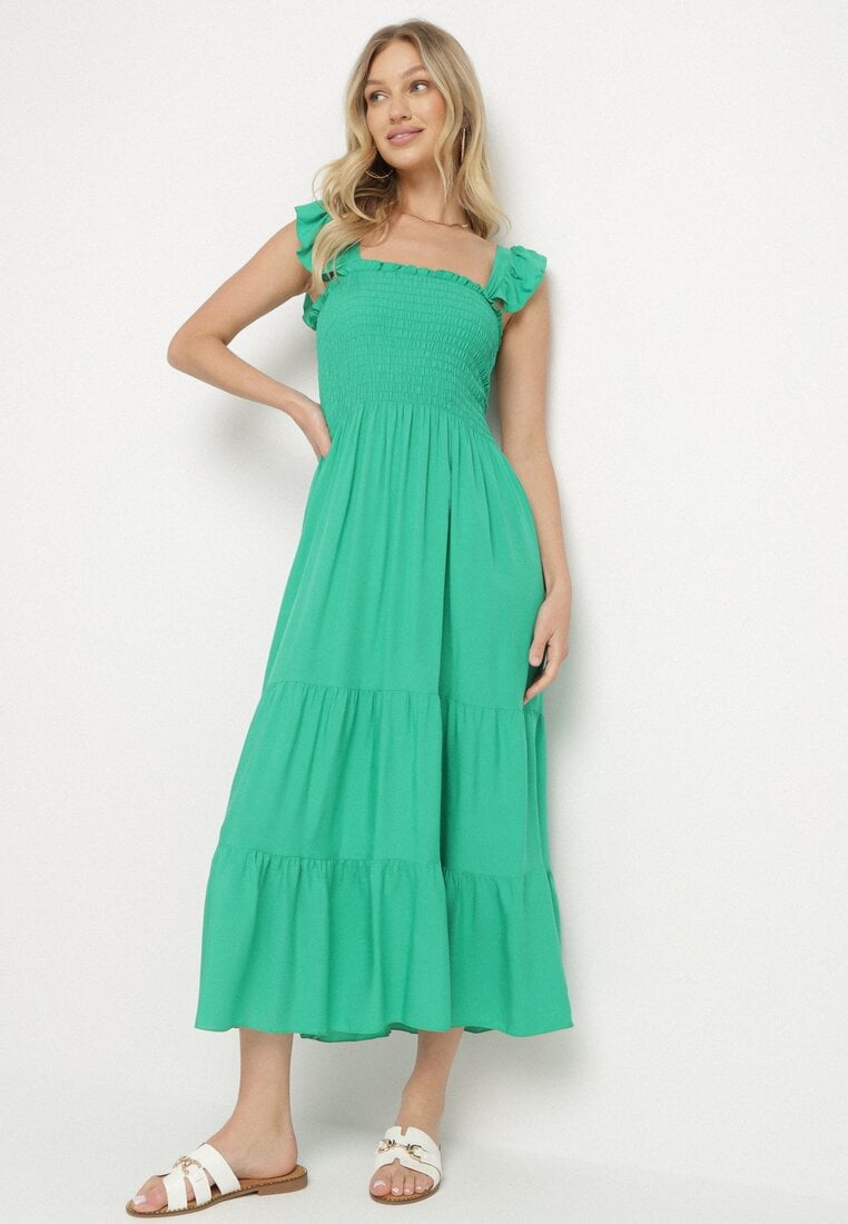 Rochie Evazată din Bumbac Verde cu Bretele, Elastic și Volănaș Mevesta