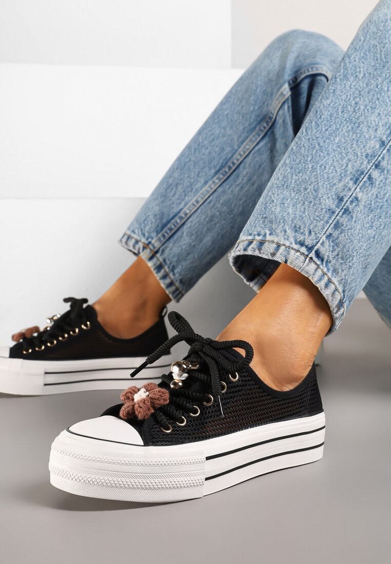 Tenisi Negri Ajurați cu Talpă Groasă cu Ornamente 3D Onivetta